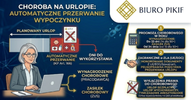 Infografika Biura Rachunkowego PIKIF w Lublinie przedstawiająca procedurę postępowania w przypadku choroby na urlopie wypoczynkowym oraz zasady automatycznego przerywania urlopu przez e-ZLA.