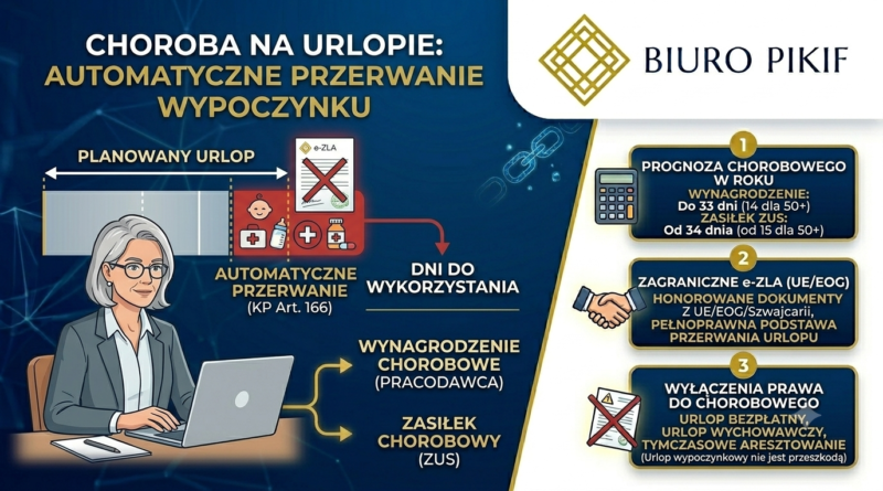Infografika Biura Rachunkowego PIKIF w Lublinie przedstawiająca procedurę postępowania w przypadku choroby na urlopie wypoczynkowym oraz zasady automatycznego przerywania urlopu przez e-ZLA.