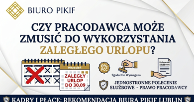Infografika Biura Rachunkowego PIKIF w Lublinie wyjaśniająca zasady zmuszania pracownika do wykorzystania zaległego urlopu do 30 września na podstawie Kodeksu pracy i wyroku Sądu Najwyższego.