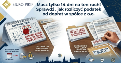 Infografika Biura Rachunkowego PIKIF w Lublinie przedstawiająca zasady i 14-dniowy termin rozliczenia podatku PCC w wysokości 0,5% od dopłat w spółce z o.o. na podstawie art 1 ust 3 pkt 2 ustawy o PCC.