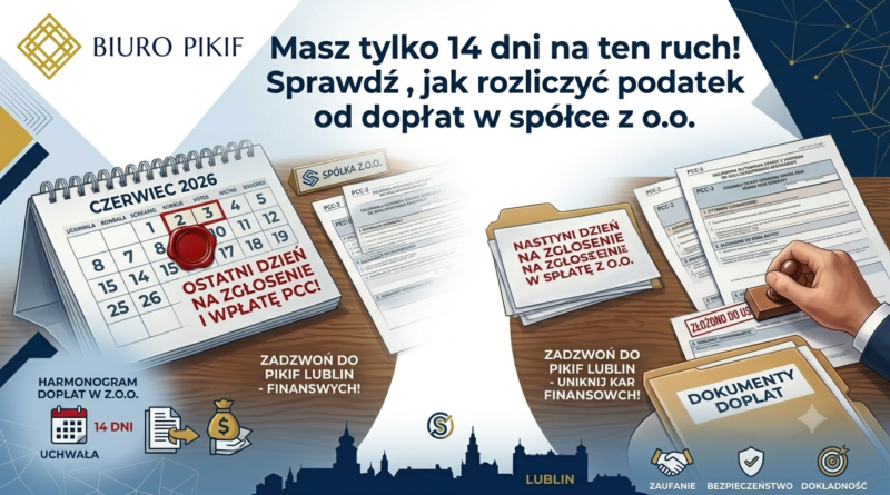Infografika Biura Rachunkowego PIKIF w Lublinie przedstawiająca zasady i 14-dniowy termin rozliczenia podatku PCC w wysokości 0,5% od dopłat w spółce z o.o. na podstawie art 1 ust 3 pkt 2 ustawy o PCC.