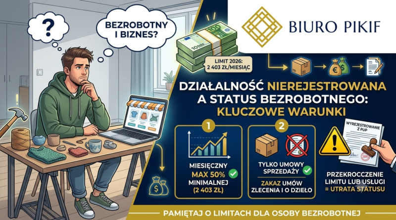 Infografika Biura Rachunkowego PIKIF w Lublinie przedstawiająca zasady łączenia statusu osoby bezrobotnej z działalnością nierejestrowaną w 2026 roku, limity kwotowe i zakaz umów usługowych.