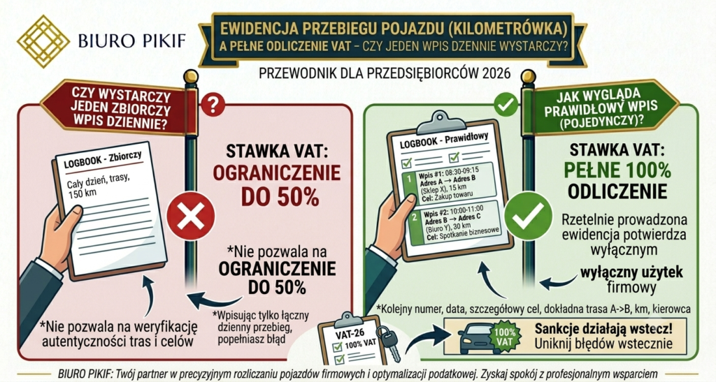 Infografika Biura Rachunkowego PIKIF w Lublinie prezentująca pułapkę wpisów zbiorczych w ewidencji przebiegu pojazdu oraz wymogi dla pełnego odliczenia 100% VAT.