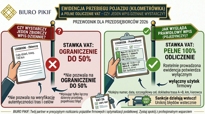 Infografika Biura Rachunkowego PIKIF w Lublinie prezentująca pułapkę wpisów zbiorczych w ewidencji przebiegu pojazdu oraz wymogi dla pełnego odliczenia 100% VAT.