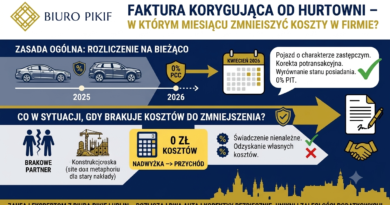 Infografika Biura Rachunkowego PIKIF w Lublinie przedstawiająca zasady rozliczania faktury korygującej od hurtowni na bieżąco oraz dopisywania nadwyżki korekty do przychodów firmy według art. 22 ust. 7c ustawy o PIT.