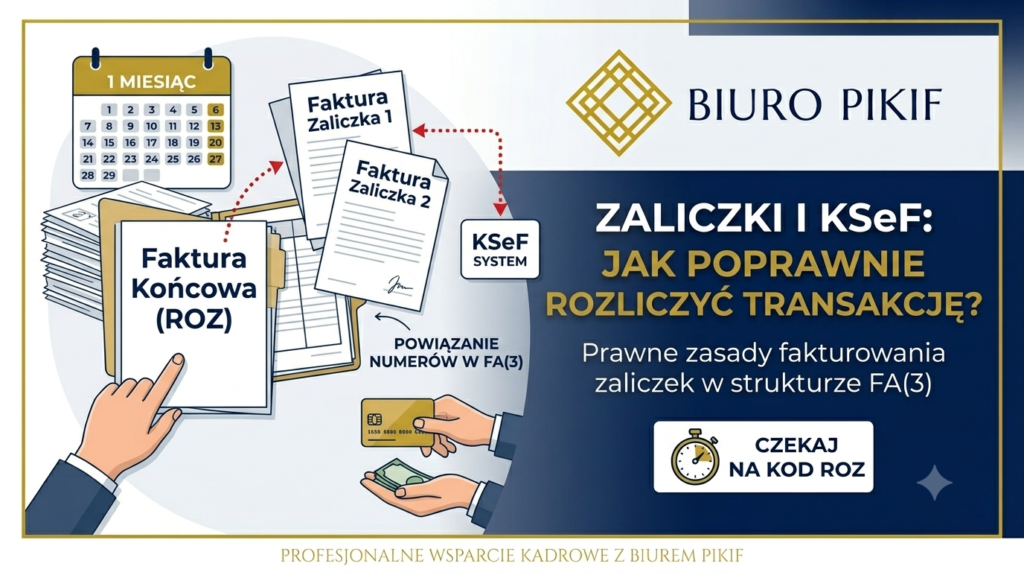 Infografika Biura Rachunkowego PIKIF w Lublinie prezentująca schemat powiązań między cyfrową fakturą zaliczkową a końcową oznaczona jako ROZ w systemie KSeF.