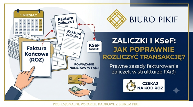 Infografika Biura Rachunkowego PIKIF w Lublinie prezentująca schemat powiązań między cyfrową fakturą zaliczkową a końcową oznaczona jako ROZ w systemie KSeF.