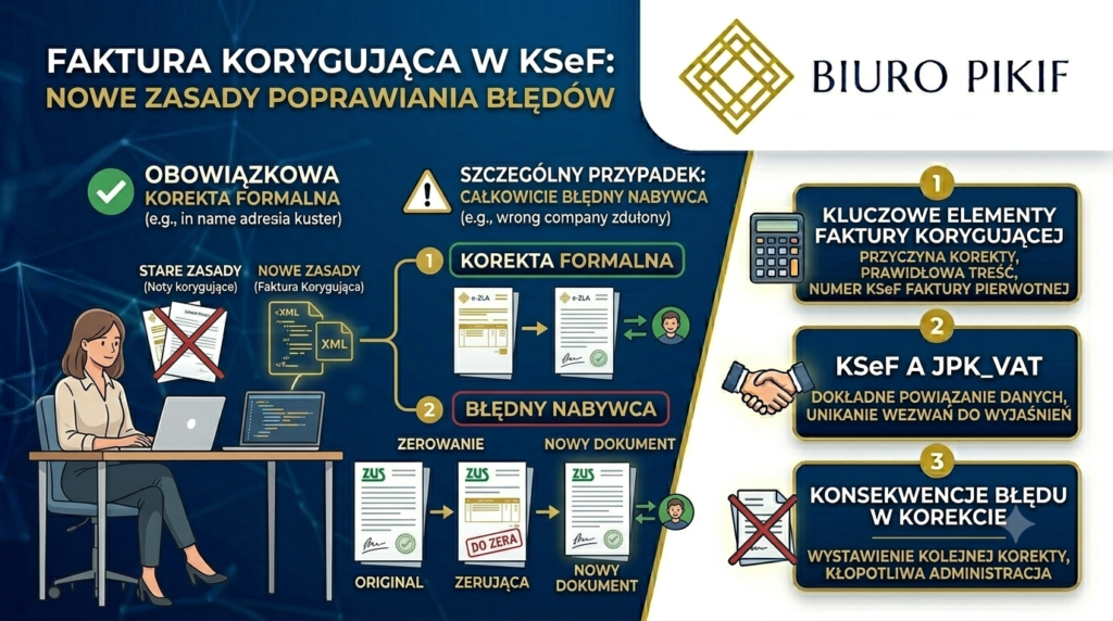 Infografika Biura Rachunkowego PIKIF w Lublinie przedstawiająca nowe zasady robienia korekt w KSeF, całkowite wycofanie not korygujących oraz procedurę wystawiania e-faktury korygującej.