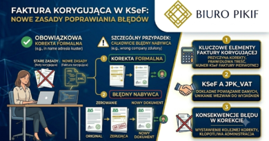 Infografika Biura Rachunkowego PIKIF w Lublinie przedstawiająca nowe zasady robienia korekt w KSeF, całkowite wycofanie not korygujących oraz procedurę wystawiania e-faktury korygującej.