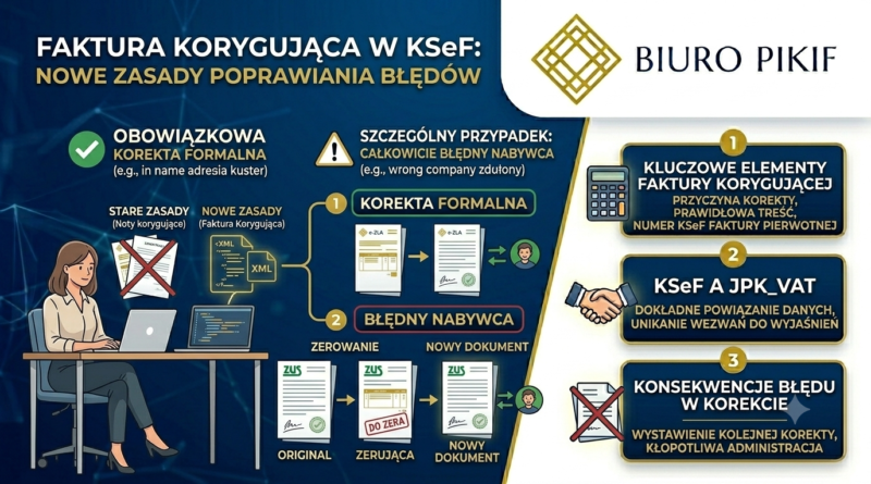 Infografika Biura Rachunkowego PIKIF w Lublinie przedstawiająca nowe zasady robienia korekt w KSeF, całkowite wycofanie not korygujących oraz procedurę wystawiania e-faktury korygującej.