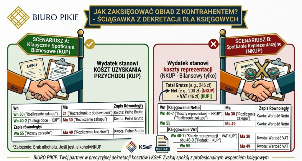 Infografika Biura Rachunkowego PIKIF w Lublinie przedstawiająca ściągawkę z dekretacji faktury za obiad z kontrahentem na kontach Wn i Ma dla Scenariusza A (KUP) oraz Scenariusza B (NKUP).