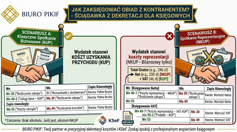 Infografika Biura Rachunkowego PIKIF w Lublinie przedstawiająca ściągawkę z dekretacji faktury za obiad z kontrahentem na kontach Wn i Ma dla Scenariusza A (KUP) oraz Scenariusza B (NKUP).