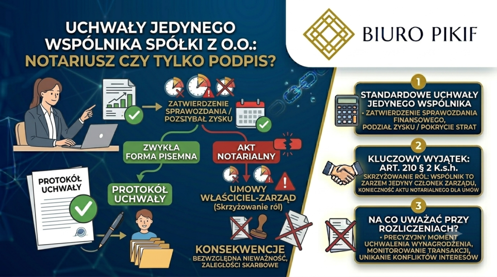 Infografika Biura Rachunkowego PIKIF w Lublinie przedstawiająca zasady podejmowania uchwał w jednoosobowej spółce z o.o. oraz sytuacje, w których art. 210 K.s.h. wymaga formy aktu notarialnego.
