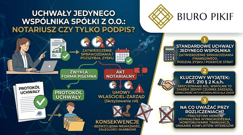 Infografika Biura Rachunkowego PIKIF w Lublinie przedstawiająca zasady podejmowania uchwał w jednoosobowej spółce z o.o. oraz sytuacje, w których art. 210 K.s.h. wymaga formy aktu notarialnego.