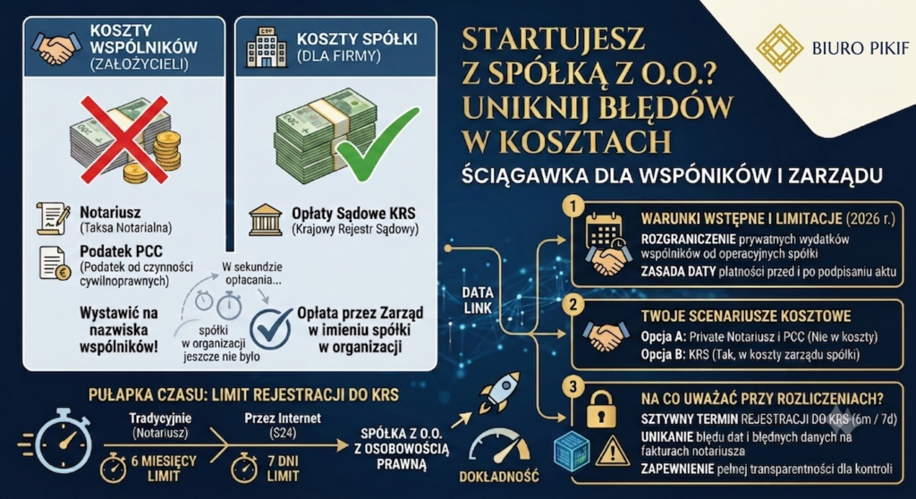 Infografika Biura Rachunkowego PIKIF w Lublinie obalająca mit, że wszystko, co wydasz na start spółki z o.o., stanowi koszt firmy. Zestawienie wydatków prywatnych i firmowych.