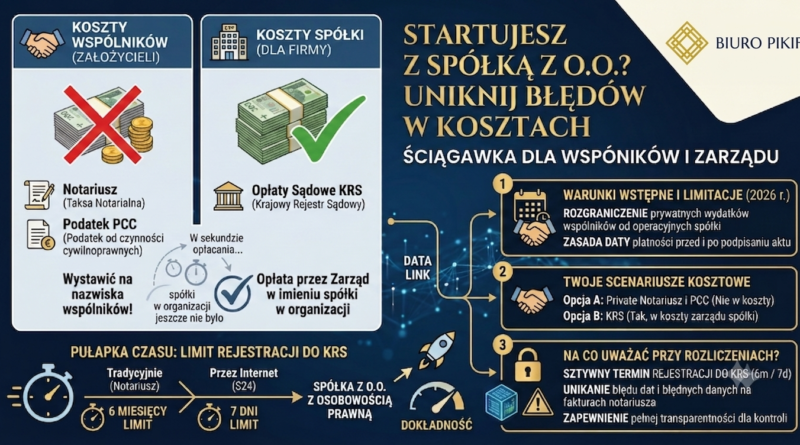 Infografika Biura Rachunkowego PIKIF w Lublinie obalająca mit, że wszystko, co wydasz na start spółki z o.o., stanowi koszt firmy. Zestawienie wydatków prywatnych i firmowych.