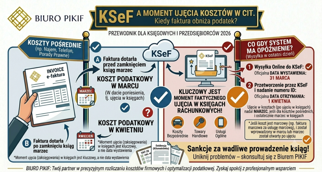 Infografika Biura Rachunkowego PIKIF w Lublinie prezentująca relację między datami w systemie KSeF a momentem ujęcia kosztów uzyskania przychodów w podatku CIT.