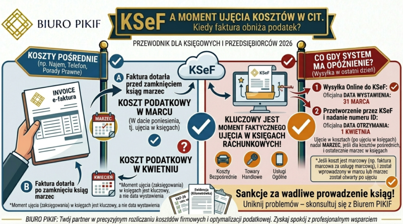 Infografika Biura Rachunkowego PIKIF w Lublinie prezentująca relację między datami w systemie KSeF a momentem ujęcia kosztów uzyskania przychodów w podatku CIT.