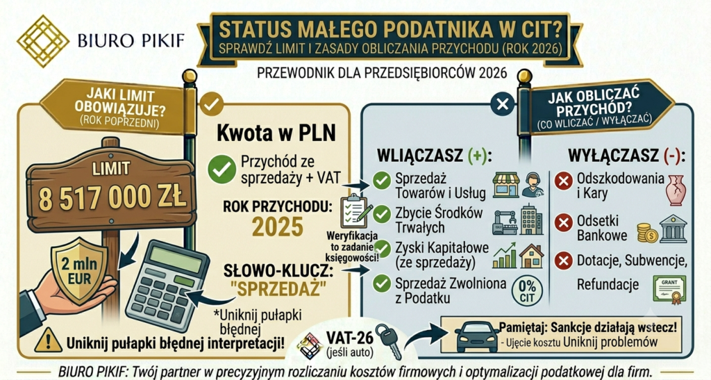 Infografika Biura Rachunkowego PIKIF w Lublinie prezentująca limit 8 517 000 zł oraz zasady wyliczania przychodu ze sprzedaży dla statusu małego podatnika w CIT.