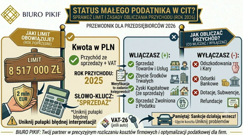 Infografika Biura Rachunkowego PIKIF w Lublinie prezentująca limit 8 517 000 zł oraz zasady wyliczania przychodu ze sprzedaży dla statusu małego podatnika w CIT.