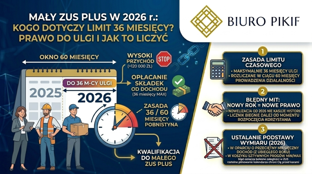Infografika Biura Rachunkowego PIKIF w Lublinie przedstawiająca ramy czasowe Małego ZUS-u Plus po 1 stycznia 2026 roku i wyjaśniająca zasadę 36 miesięcy ulgi w oknie 60 miesięcy.