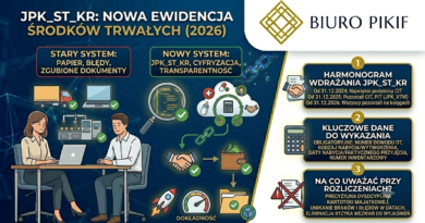 Infografika Biura Rachunkowego PIKIF w Lublinie przedstawiająca zasady raportowania struktury JPK_ST_KR od 2026 roku oraz wykaz obowiązkowych danych dla ewidencji środków trwałych.
