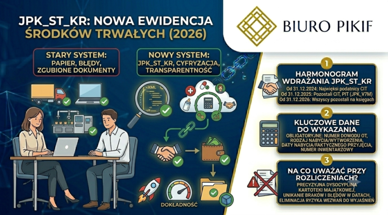 Infografika Biura Rachunkowego PIKIF w Lublinie przedstawiająca zasady raportowania struktury JPK_ST_KR od 2026 roku oraz wykaz obowiązkowych danych dla ewidencji środków trwałych.