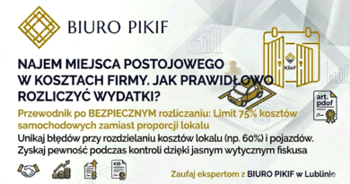 Grafika informacyjna Biura Rachunkowego PIKIF w Lublinie przedstawiająca podział kosztów na lokalowe oraz limitowane wydatki samochodowe w wysokości 75 procent.