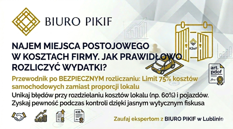 Grafika informacyjna Biura Rachunkowego PIKIF w Lublinie przedstawiająca podział kosztów na lokalowe oraz limitowane wydatki samochodowe w wysokości 75 procent.