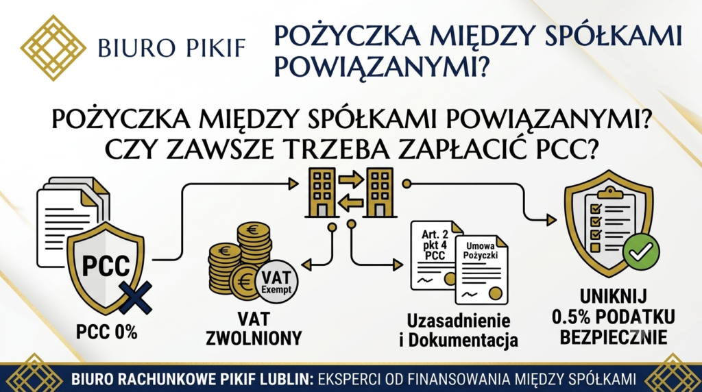 Infografika Biura Rachunkowego PIKIF w Lublinie przedstawiająca zasady zwolnienia pożyczek między spółkami z podatku PCC 0,5% dzięki przepisom ustawy o VAT.