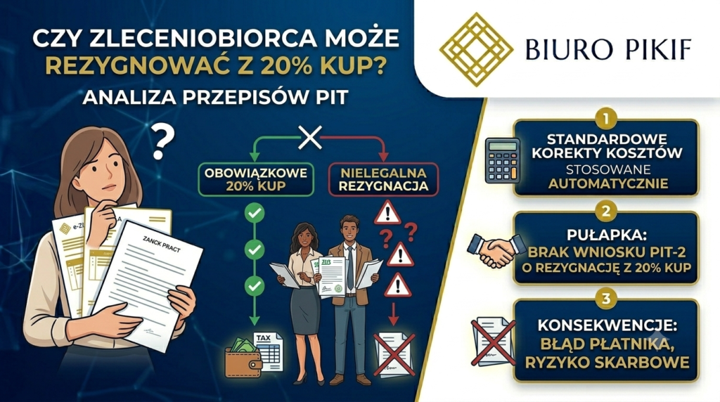 Infografika Biura Rachunkowego PIKIF w Lublinie prezentująca analizę przepisów PIT i wyjaśniająca, dlaczego rezygnacja z 20% kosztów uzyskania przychodów na umowie zlecenia jest prawnie niemożliwa dla płatnika.