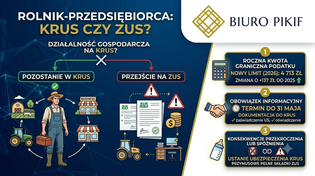 Infografika Biura Rachunkowego PIKIF w Lublinie przedstawiająca nową kwotę graniczną podatku dochodowego dla rolników prowadzących firmę w 2026 roku (4 713 zł) oraz termin złożenia zaświadczenia do 31 maja.