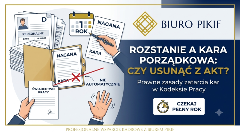 Infografika Biura Rachunkowego PIKIF w Lublinie prezentująca zasady przechowywania upomnień i nagan w części D akt osobowych po rozwiązaniu umowy o pracę.