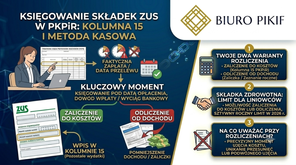Infografika Biura Rachunkowego PIKIF w Lublinie prezentująca zasady księgowania składek ZUS przedsiębiorcy w PKPiR, wskazująca kolumnę 15 oraz znaczenie daty faktycznej zapłaty.