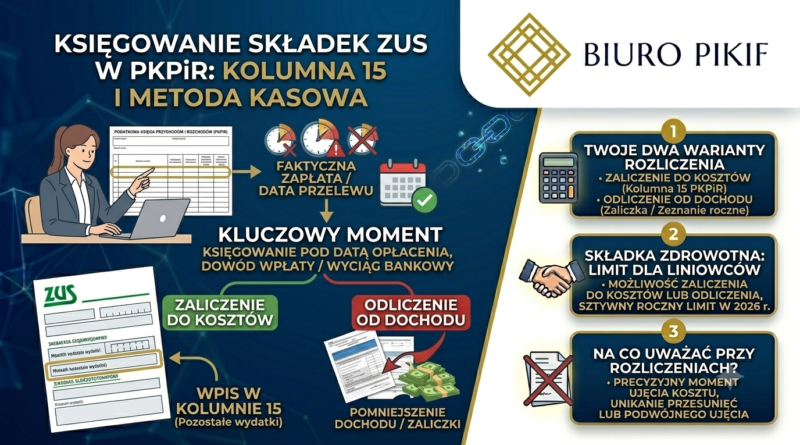 Infografika Biura Rachunkowego PIKIF w Lublinie prezentująca zasady księgowania składek ZUS przedsiębiorcy w PKPiR, wskazująca kolumnę 15 oraz znaczenie daty faktycznej zapłaty.