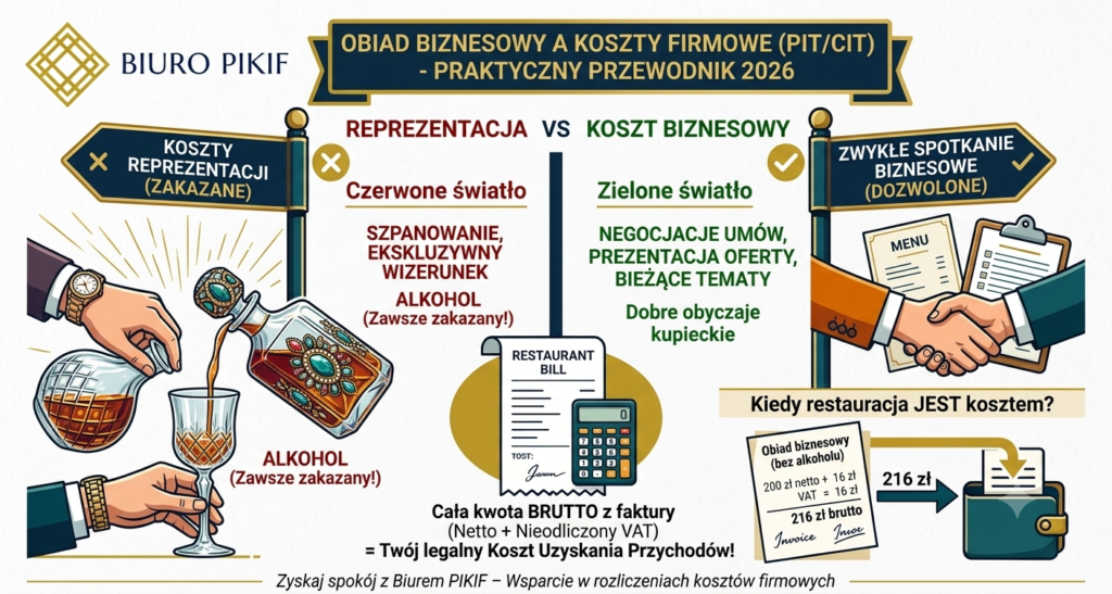 Infografika Biura Rachunkowego PIKIF w Lublinie prezentująca zasady wrzucania spotkania w restauracji w koszty firmowe PIT i CIT oraz zakaz odliczania wydatków na alkohol.