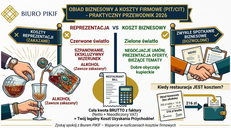 Infografika Biura Rachunkowego PIKIF w Lublinie prezentująca zasady wrzucania spotkania w restauracji w koszty firmowe PIT i CIT oraz zakaz odliczania wydatków na alkohol.