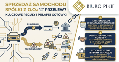 Infografika Biura Rachunkowego PIKIF w Lublinie prezentująca limity płatności gotówkowych przy sprzedaży samochodu przez spółkę z o.o. dla firm (B2B) i konsumentów (B2C).