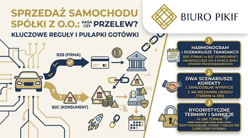 Infografika Biura Rachunkowego PIKIF w Lublinie prezentująca limity płatności gotówkowych przy sprzedaży samochodu przez spółkę z o.o. dla firm (B2B) i konsumentów (B2C).
