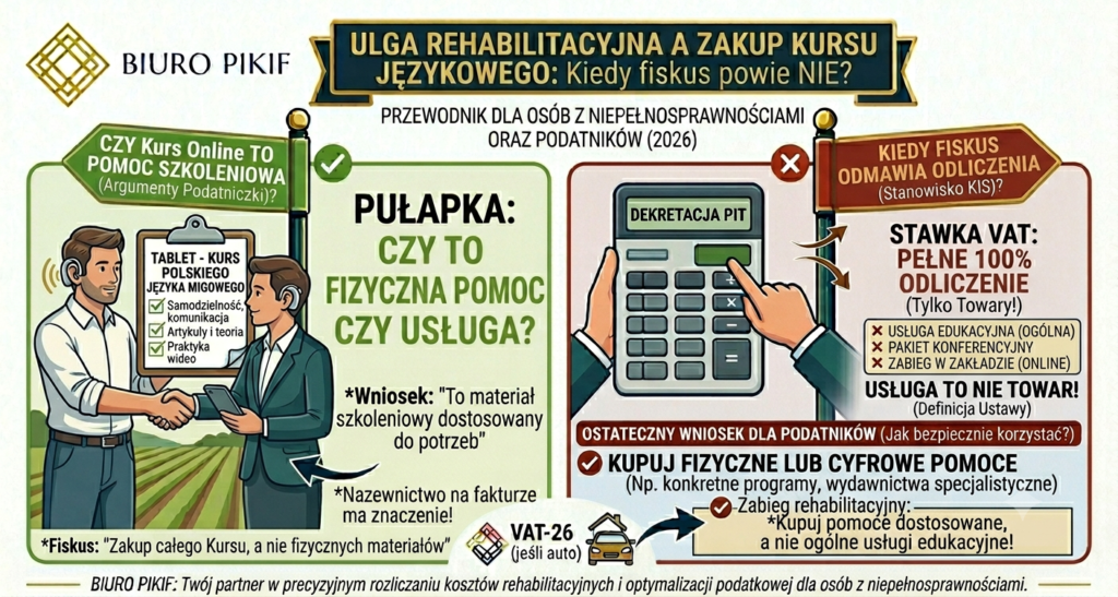 Infografika Biura Rachunkowego PIKIF w Lublinie prezentująca zasady odliczania wydatków w ramach ulgi rehabilitacyjnej i powody, dla których fiskus odrzuca odliczenie kursu językowego online.