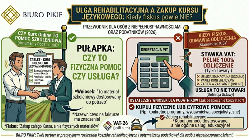 Infografika Biura Rachunkowego PIKIF w Lublinie prezentująca zasady odliczania wydatków w ramach ulgi rehabilitacyjnej i powody, dla których fiskus odrzuca odliczenie kursu językowego online.