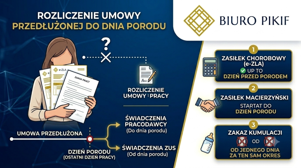 Infografika Biura Rachunkowego PIKIF w Lublinie przedstawiająca procedurę rozliczania świadczeń ZUS i wygasania umowy o pracę przedłużonej do dnia porodu w przypadku braku kontaktu z pracownicą