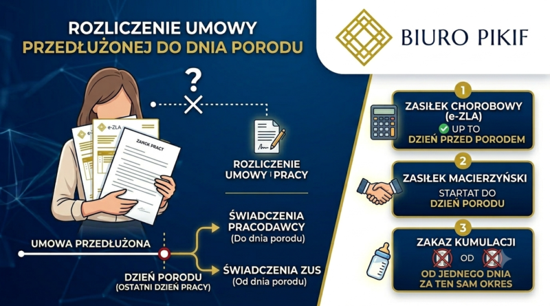 Infografika Biura Rachunkowego PIKIF w Lublinie przedstawiająca procedurę rozliczania świadczeń ZUS i wygasania umowy o pracę przedłużonej do dnia porodu w przypadku braku kontaktu z pracownicą