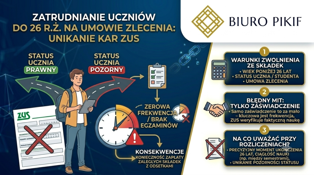 Infografika Biura Rachunkowego PIKIF w Lublinie prezentująca zasady kontroli statusu ucznia przez ZUS oraz ryzyko naliczenia składek przy zerowej frekwencji na zajęciach.