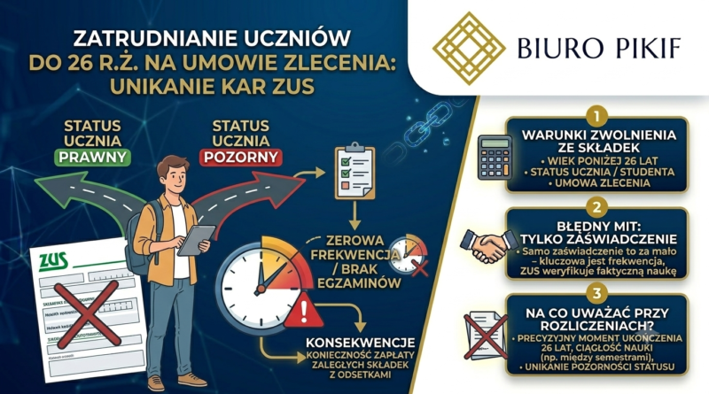 Infografika Biura Rachunkowego PIKIF w Lublinie prezentująca zasady kontroli statusu ucznia przez ZUS oraz ryzyko naliczenia składek przy zerowej frekwencji na zajęciach.