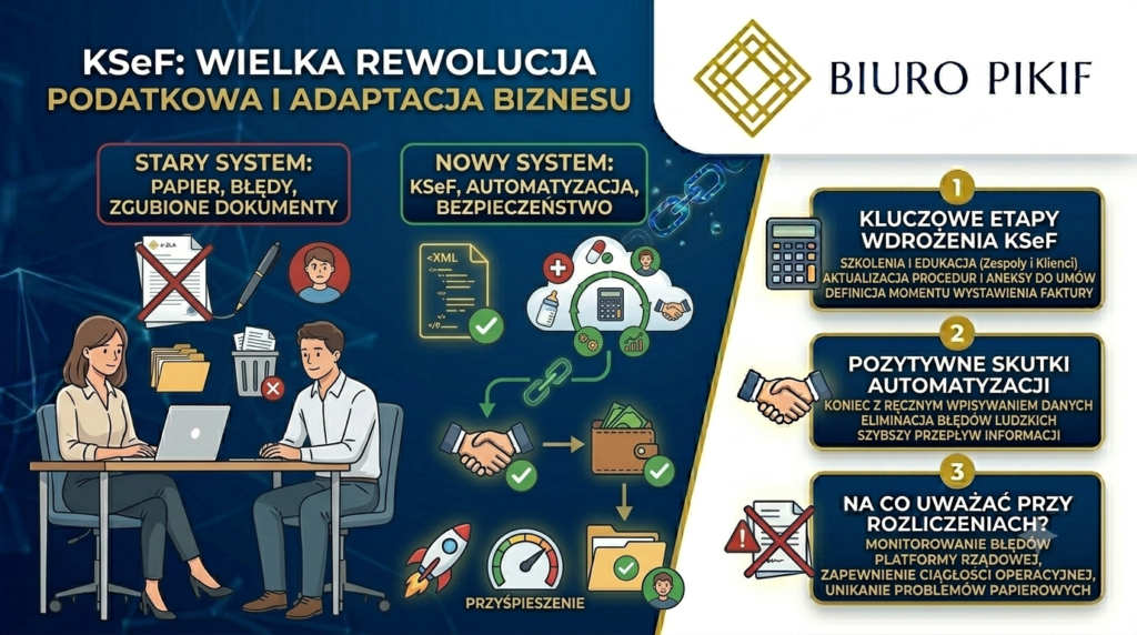 Infografika Biura Rachunkowego PIKIF w Lublinie prezentująca wdrożenie KSeF w biurach rachunkowych, automatyzację pobierania faktur XML oraz bezpapierowy obieg dokumentów w 2026 roku.