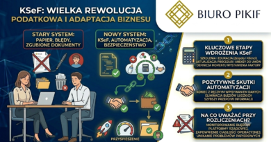 Infografika Biura Rachunkowego PIKIF w Lublinie prezentująca wdrożenie KSeF w biurach rachunkowych, automatyzację pobierania faktur XML oraz bezpapierowy obieg dokumentów w 2026 roku.