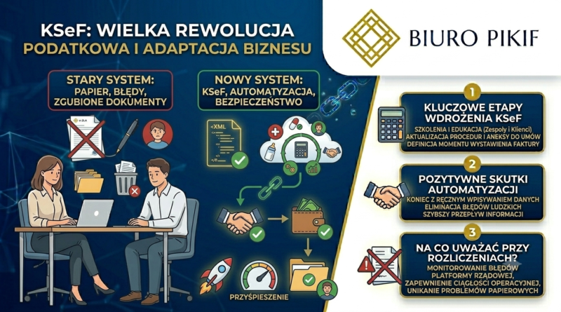 Infografika Biura Rachunkowego PIKIF w Lublinie prezentująca wdrożenie KSeF w biurach rachunkowych, automatyzację pobierania faktur XML oraz bezpapierowy obieg dokumentów w 2026 roku.