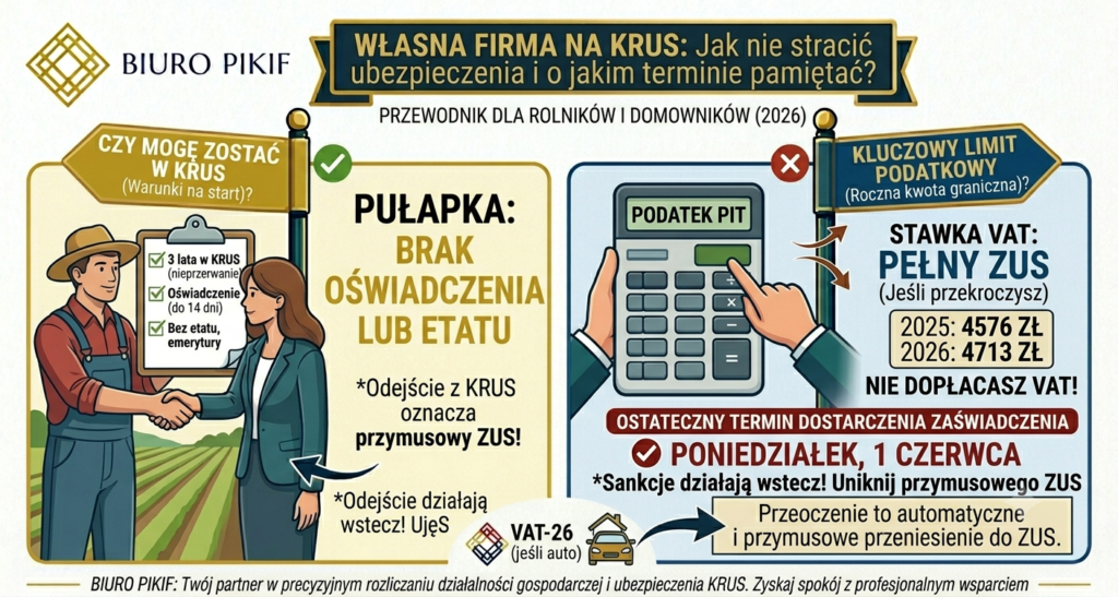 Infografika Biura Rachunkowego PIKIF w Lublinie prezentująca warunki prowadzenia własnej firmy na KRUS, roczną kwotę graniczną podatku oraz termin 1 czerwca.