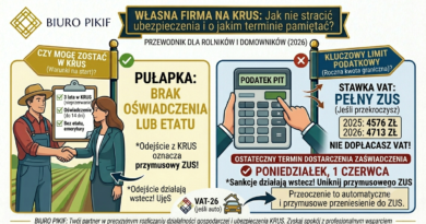 Infografika Biura Rachunkowego PIKIF w Lublinie prezentująca warunki prowadzenia własnej firmy na KRUS, roczną kwotę graniczną podatku oraz termin 1 czerwca.